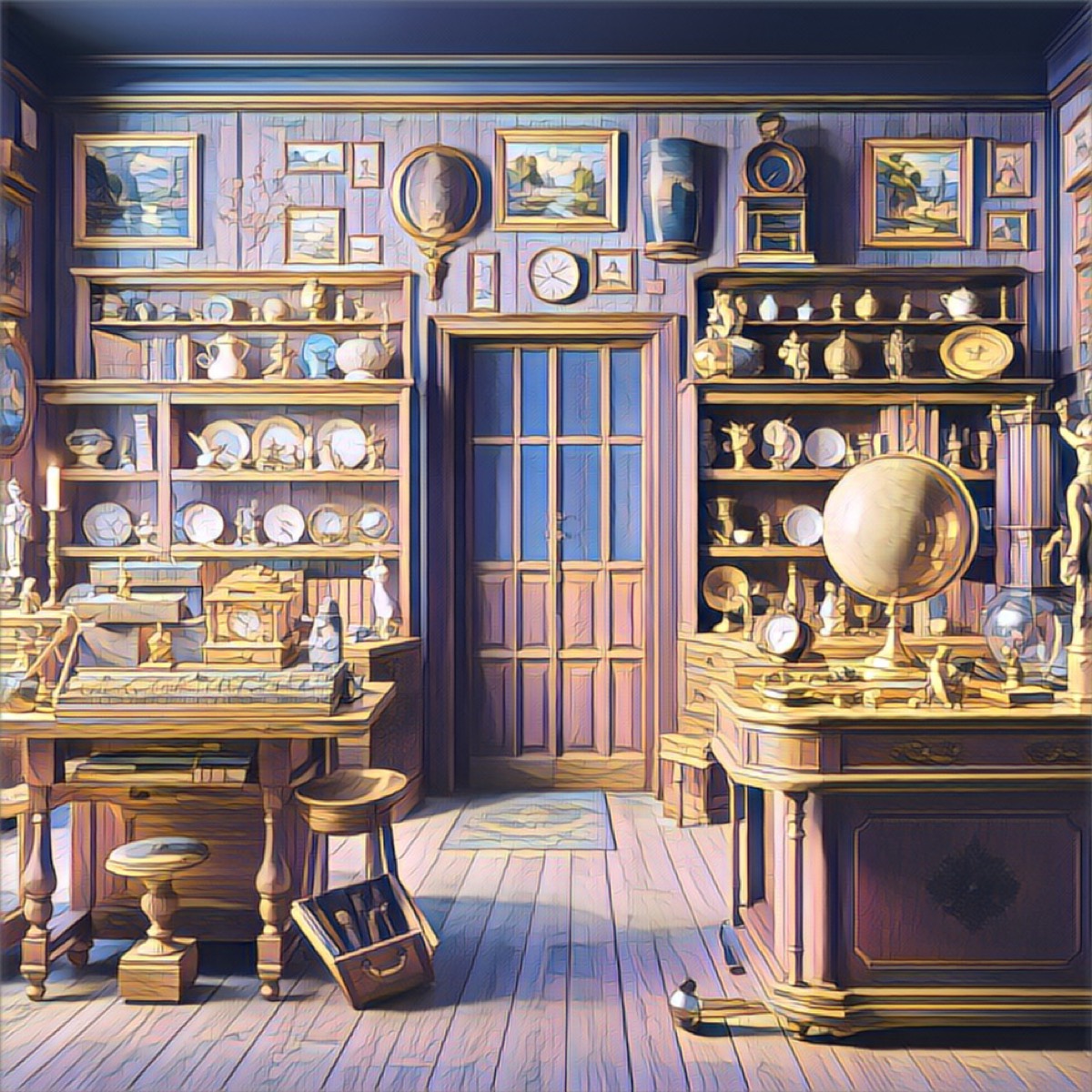 The illustrated antique shop Antigüedades Paco in Play a Language, filled with paintings, clocks and a globe