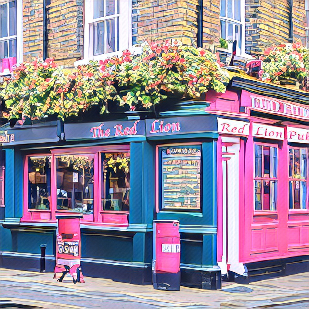 La fachada ilustrada del pub Red Lion en Play a Language, con puertas de colores y cestas de flores